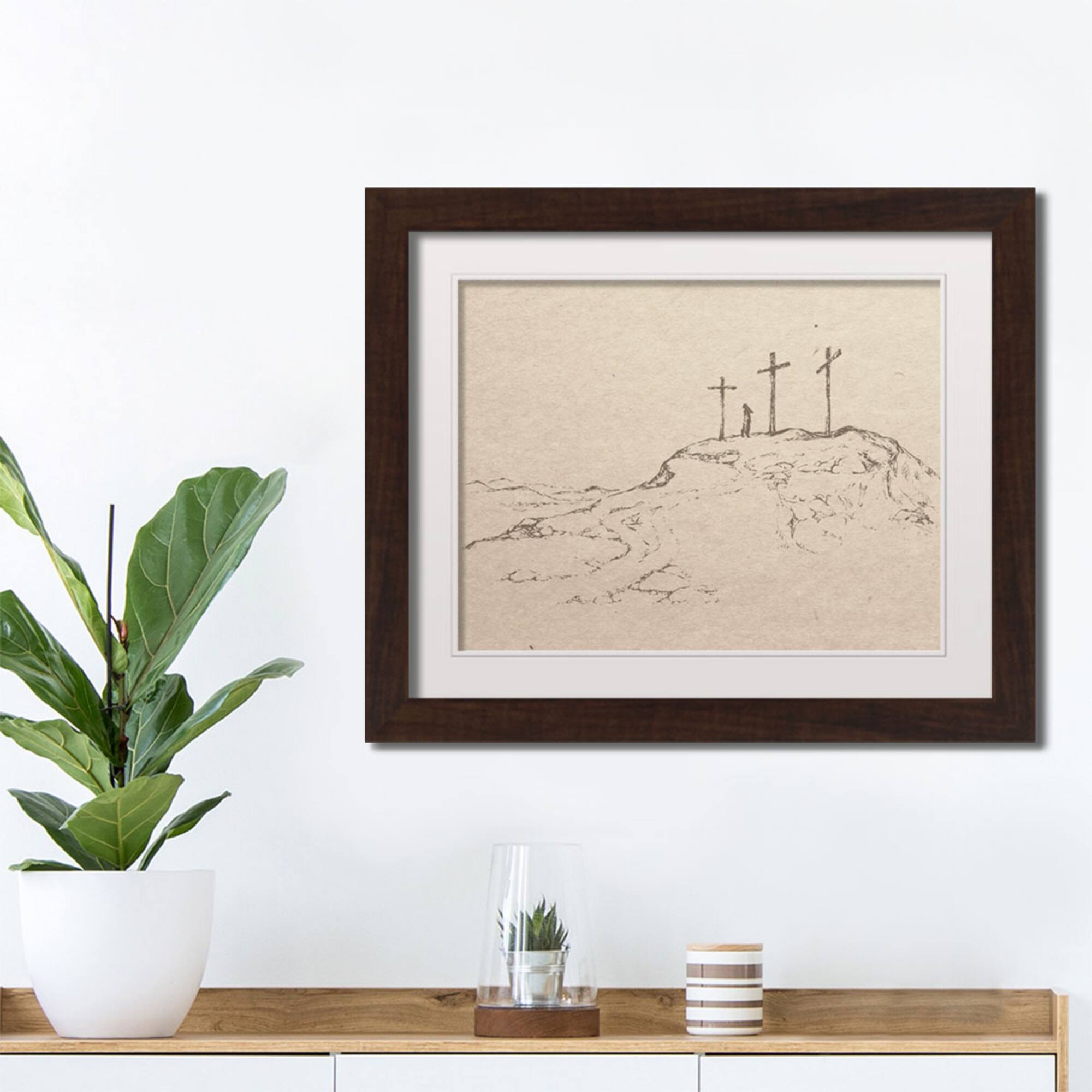 Crosses On Hill Sketch 6 16" x 20" Walnut Framed Print Under Plexiglass